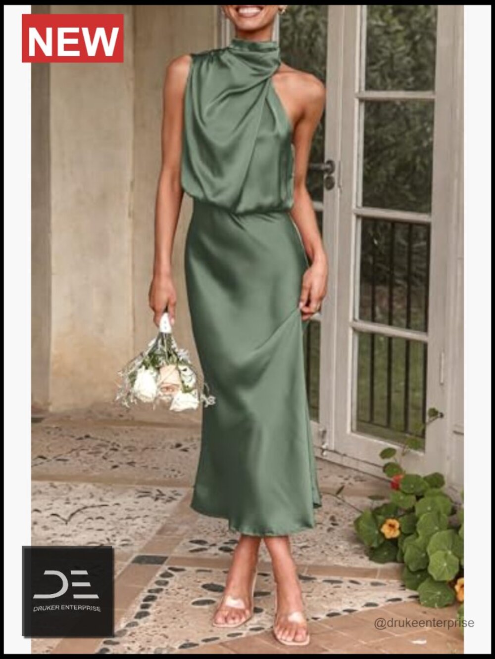 Elegant Sleeveless Mock Neck Maxi Dress with Satin Finish - Picture 6 of 7